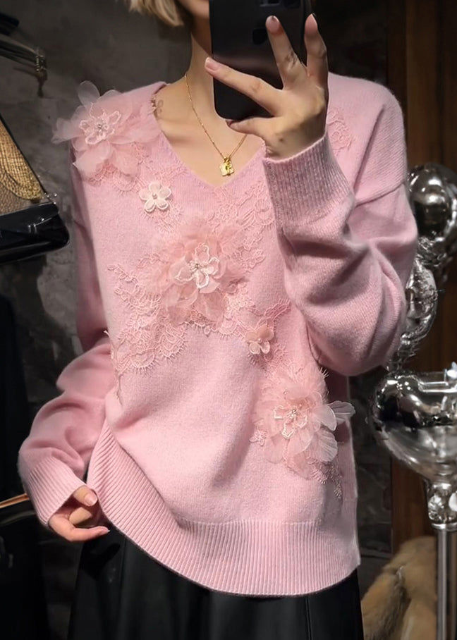 Cute Pink V Neck Floral Nail Bead Cotton Knit Sweaters Fall