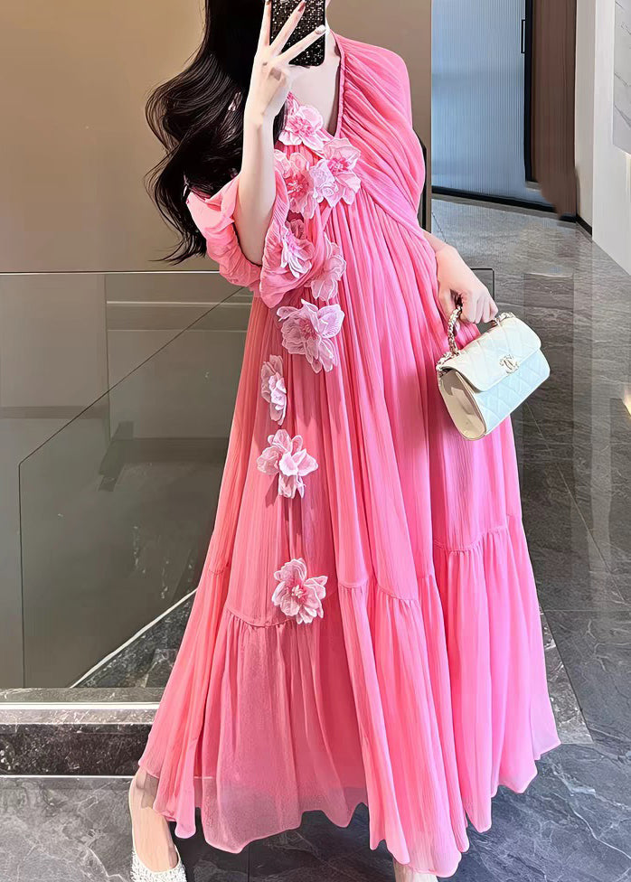 Cute Pink V Neck Floral Silk Vacation Long Dresses Short Sleeve
