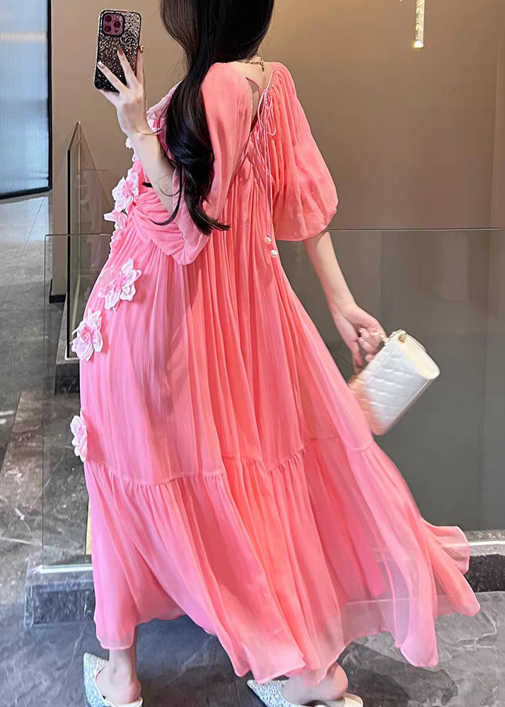 Cute Pink V Neck Floral Silk Vacation Long Dresses Short Sleeve