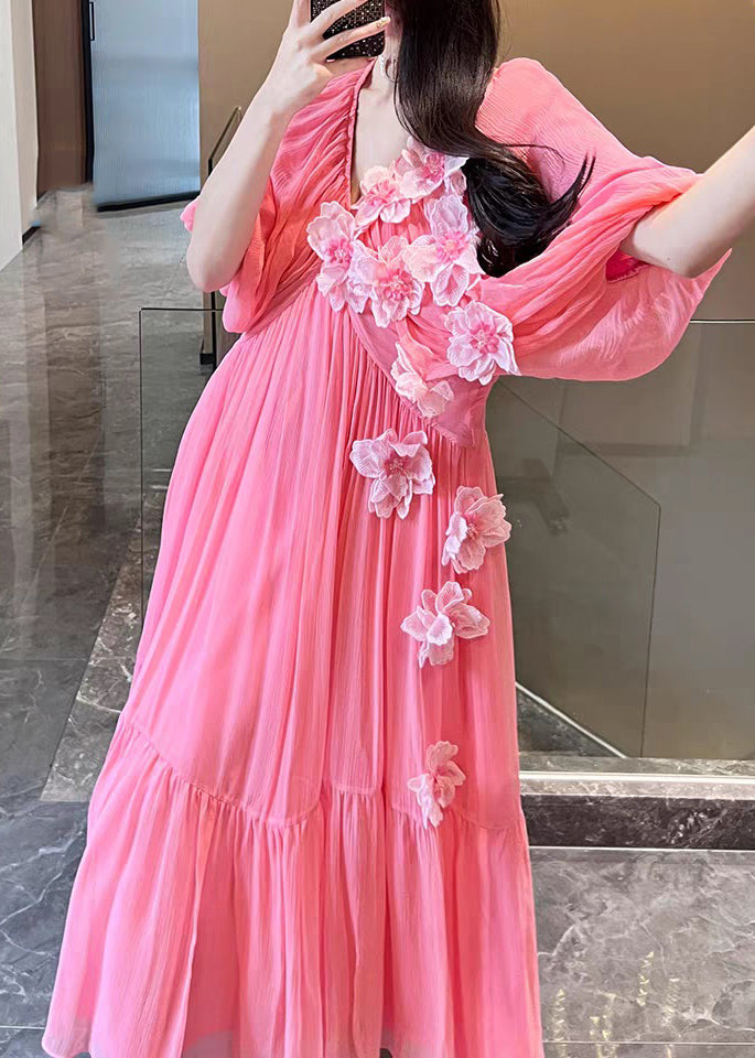 Cute Pink V Neck Floral Silk Vacation Long Dresses Short Sleeve