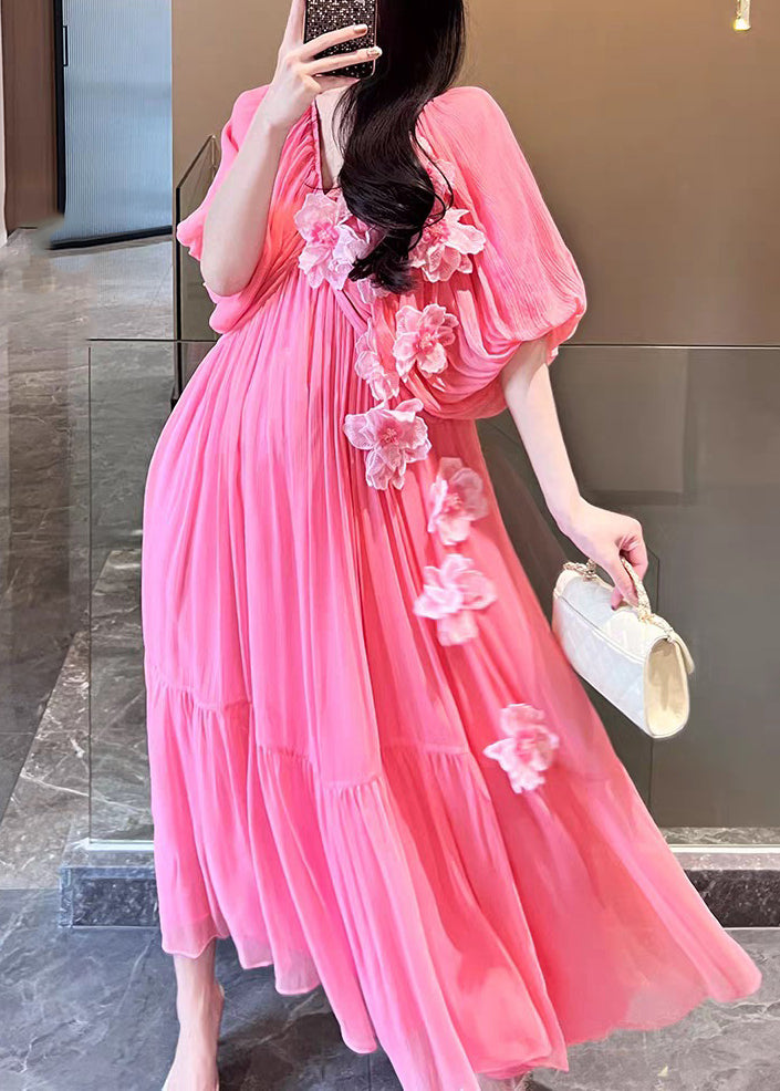 Cute Pink V Neck Floral Silk Vacation Long Dresses Short Sleeve