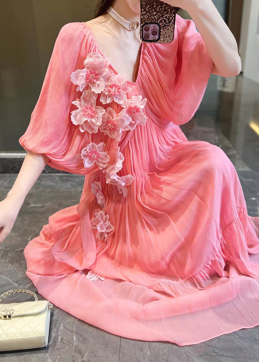 Cute Pink V Neck Floral Silk Vacation Long Dresses Short Sleeve