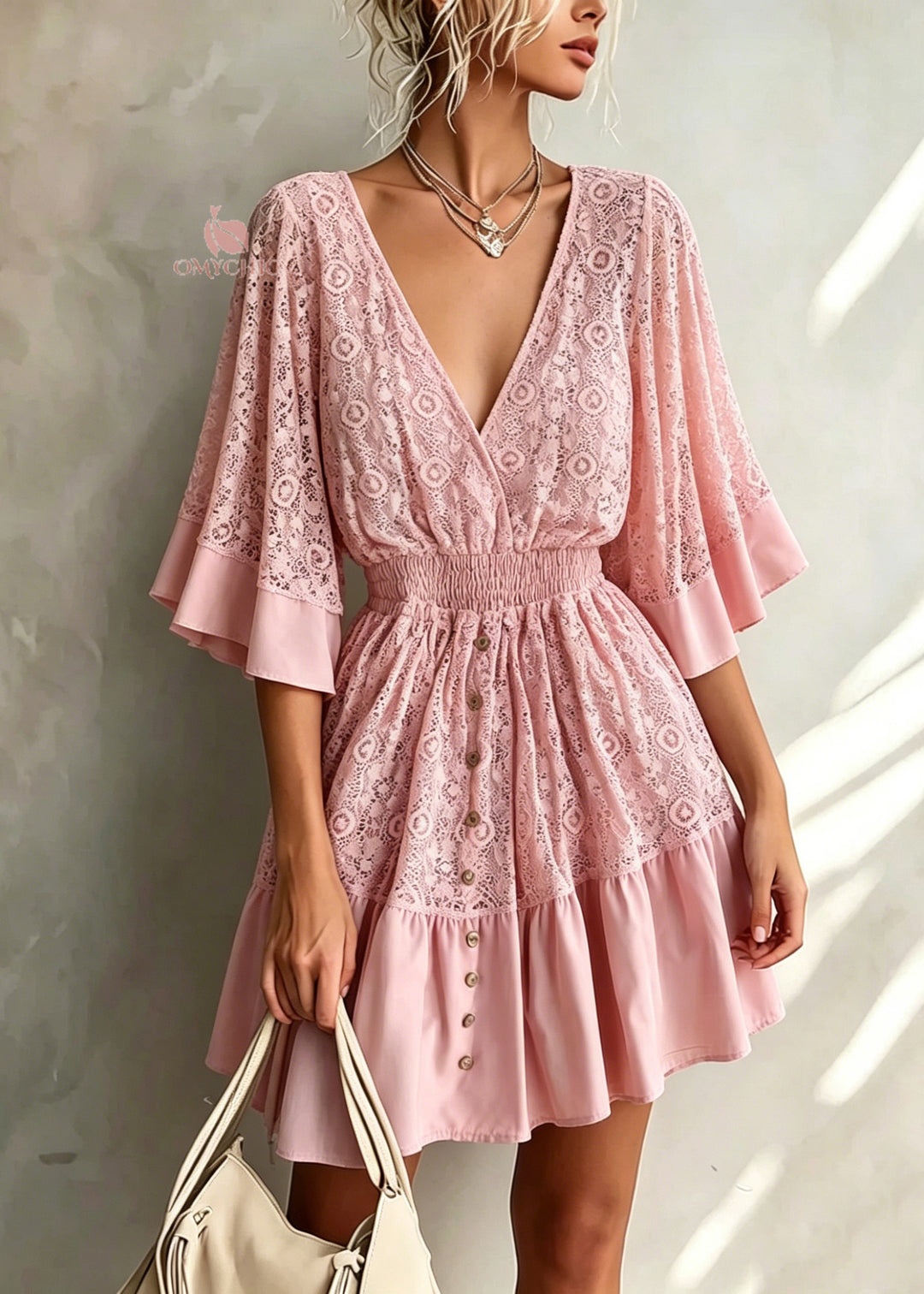Cute Pink V Neck Patchwork Lace Mid Dress Summer