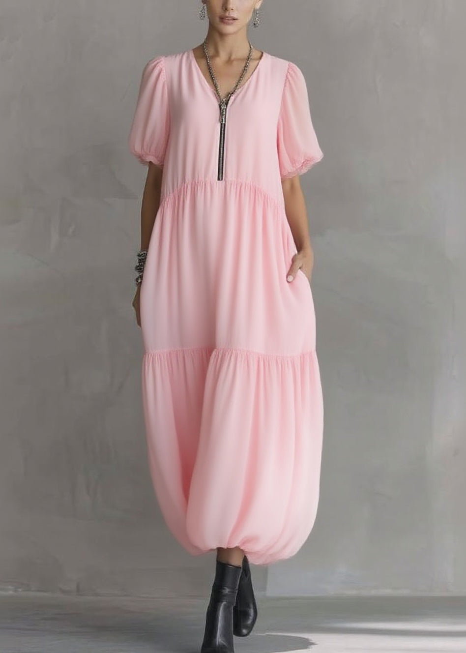 Cute Pink V Neck Pockets Patchwork Long Dress Short Sleeve - Omychic