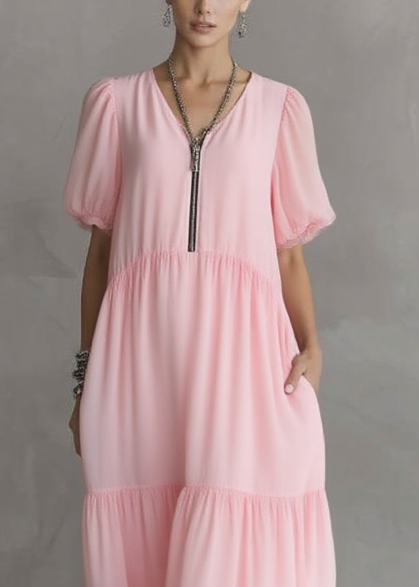 Cute Pink V Neck Pockets Patchwork Long Dress Short Sleeve - Omychic