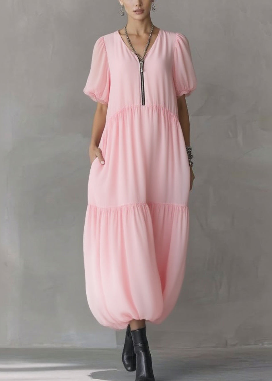 Cute Pink V Neck Pockets Patchwork Long Dress Short Sleeve - Omychic