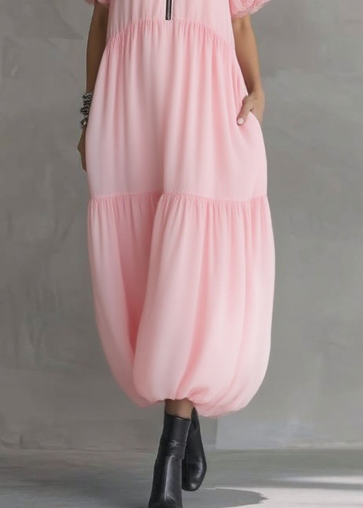 Cute Pink V Neck Pockets Patchwork Long Dress Short Sleeve - Omychic