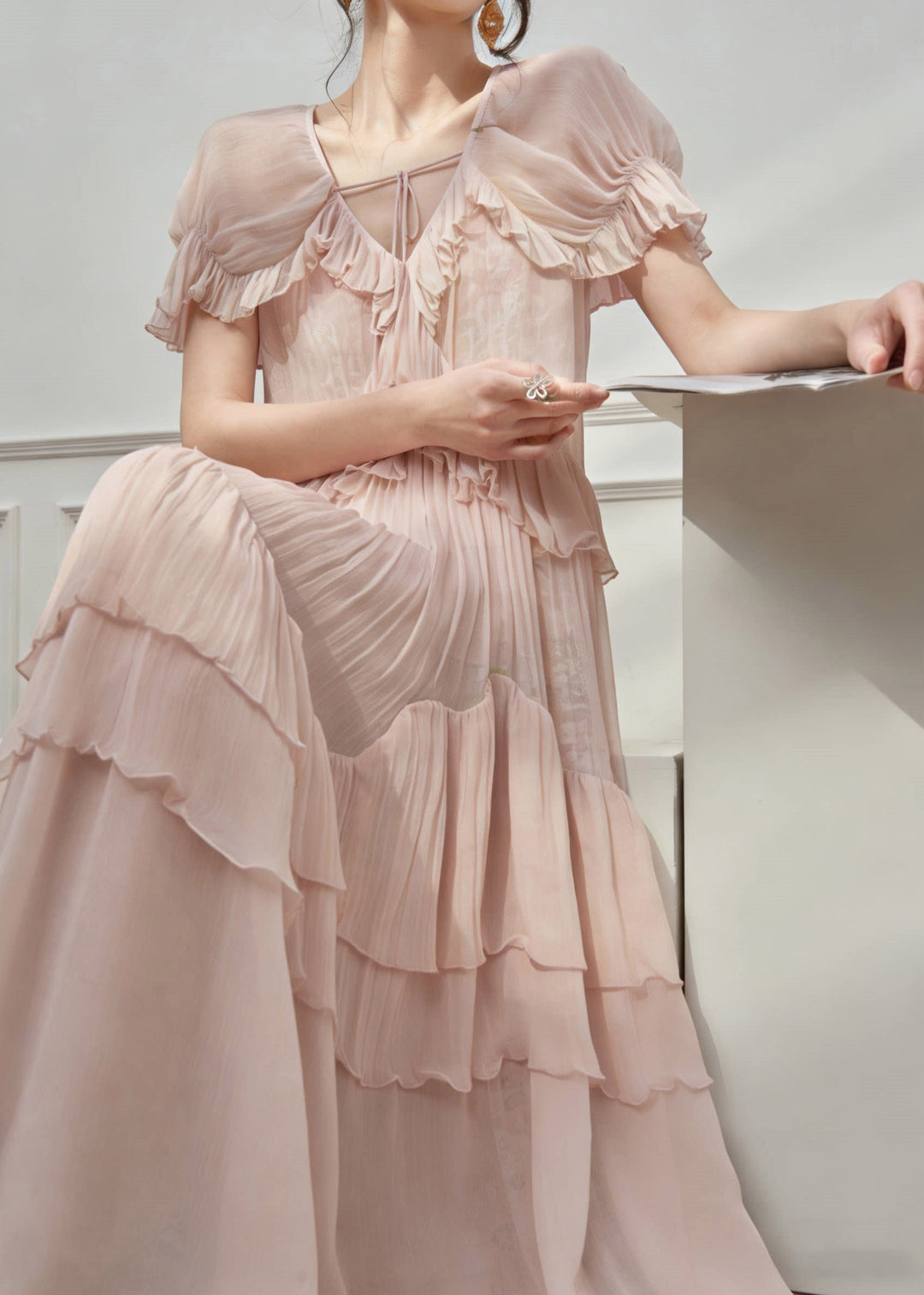 Cute Pink V Neck Ruffled Patchwork Long Dress Short Sleeve