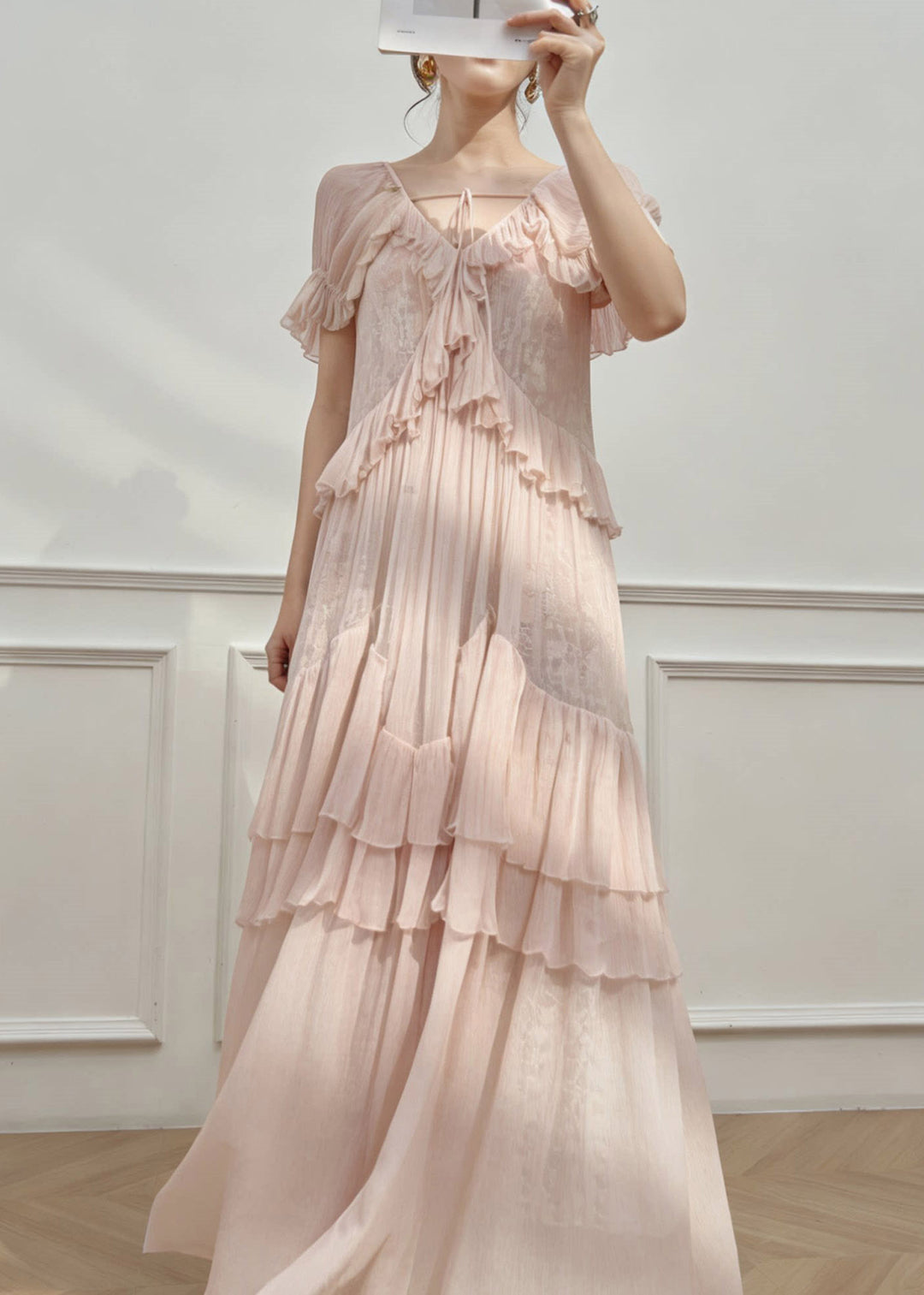 Cute Pink V Neck Ruffled Patchwork Long Dress Short Sleeve