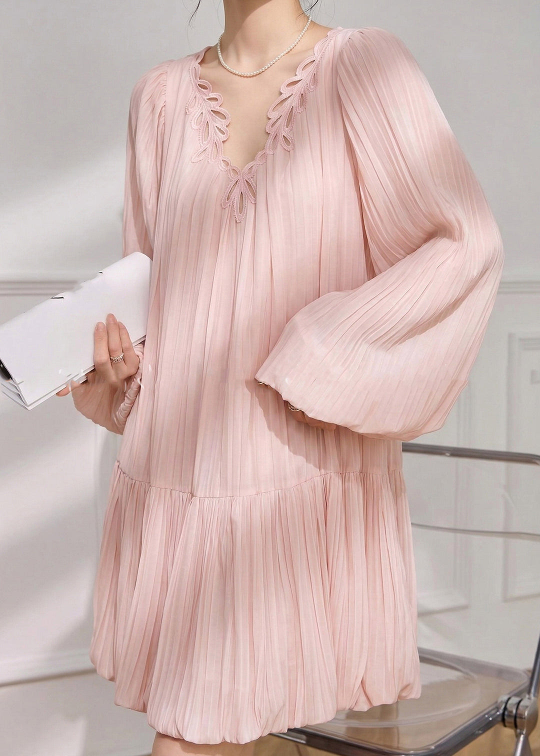 Cute Pink V Neck Solid Mid Dress Spring
