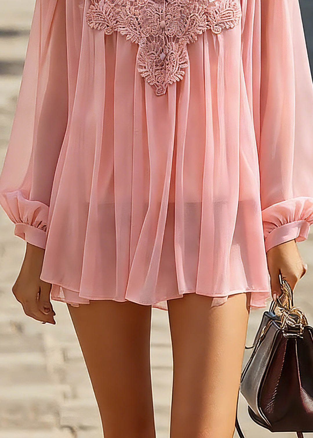 Cute Pink V Neck Solid Tulle Top Spring - Omychic