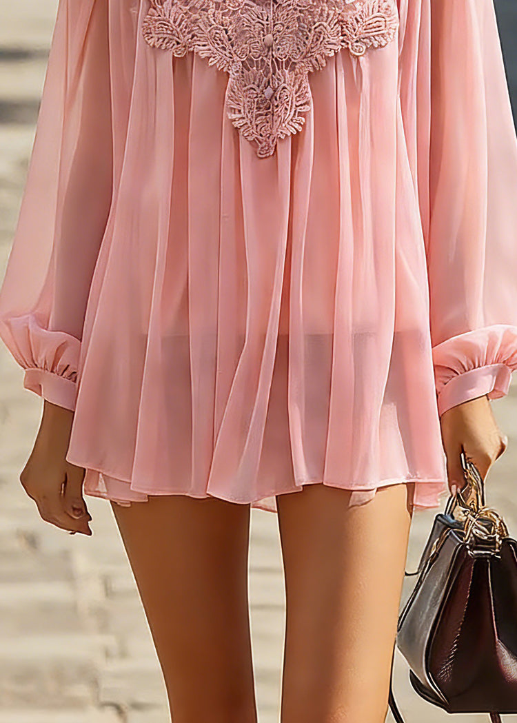 Cute Pink V Neck Solid Tulle Top Spring - Omychic