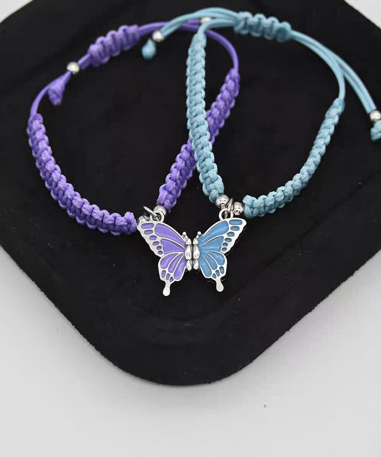 Cute Pink Weave Alloy Butterfly Adjustable A Pair Charm Bracelet - Omychic