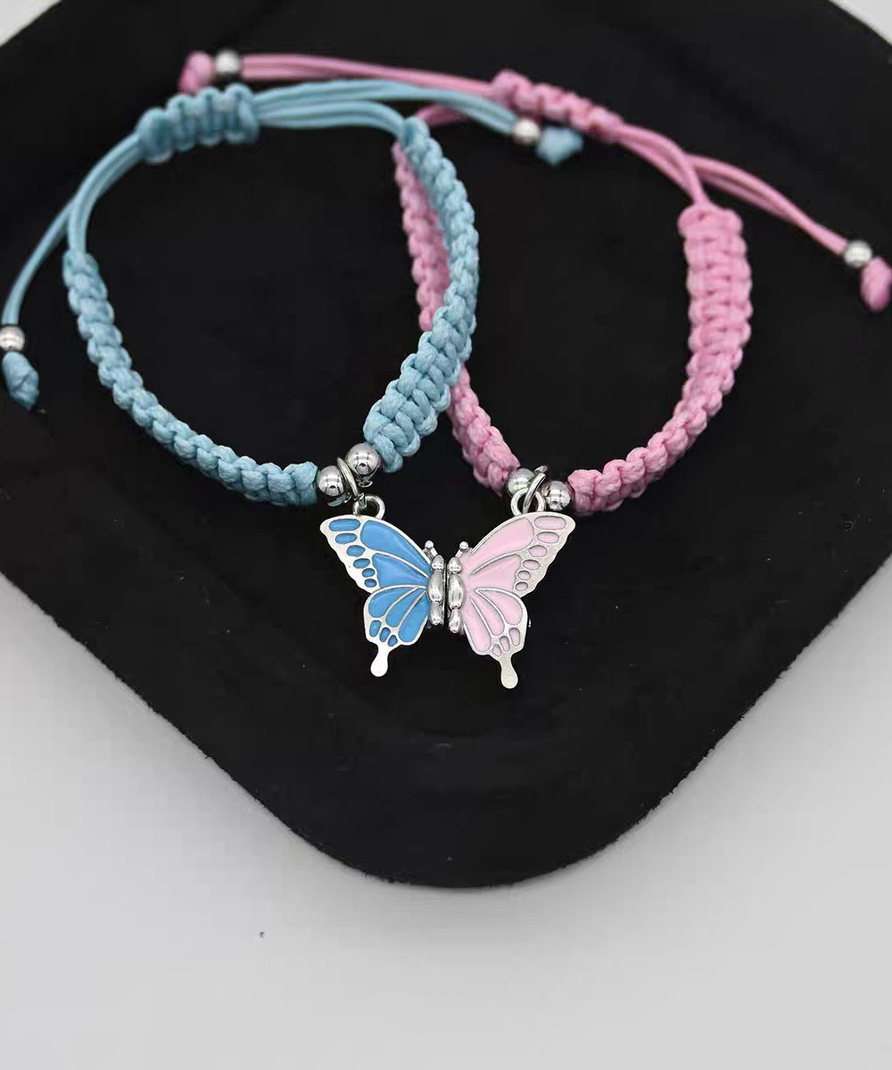 Cute Pink Weave Alloy Butterfly Adjustable A Pair Charm Bracelet - Omychic