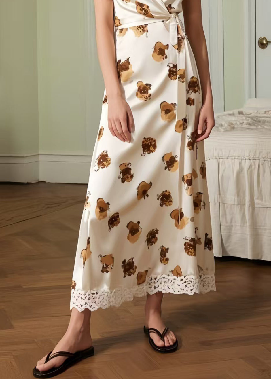 Cute Print Patchwork Lace Silk Cami Dresses Summer