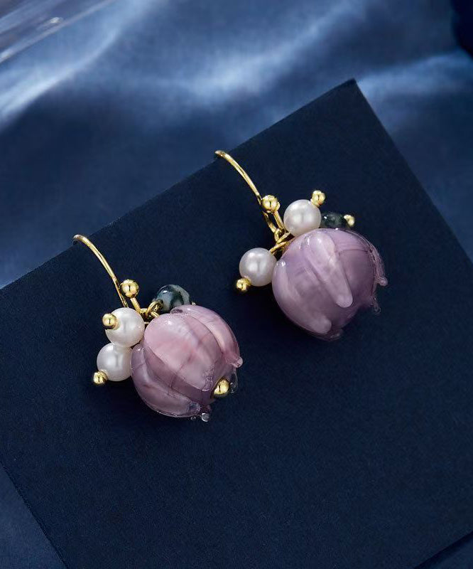 Cute Purple Alloy Pearl Colored Glaze Floral Drop Earrings - Omychic