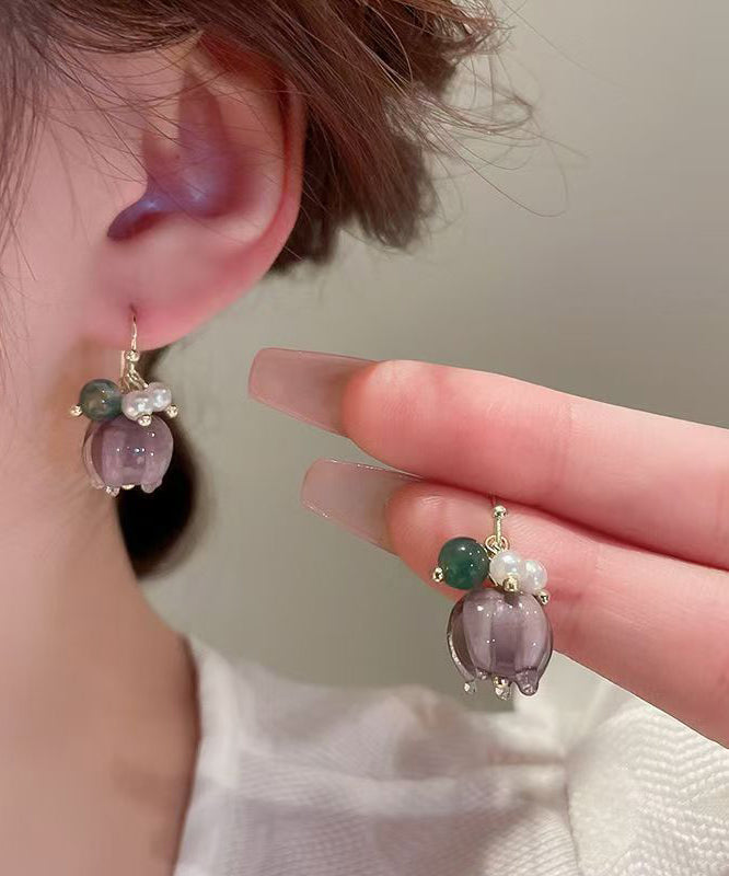 Cute Purple Alloy Pearl Colored Glaze Floral Drop Earrings - Omychic