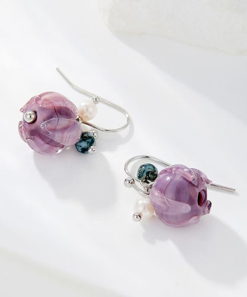 Cute Purple Alloy Pearl Colored Glaze Floral Drop Earrings - Omychic