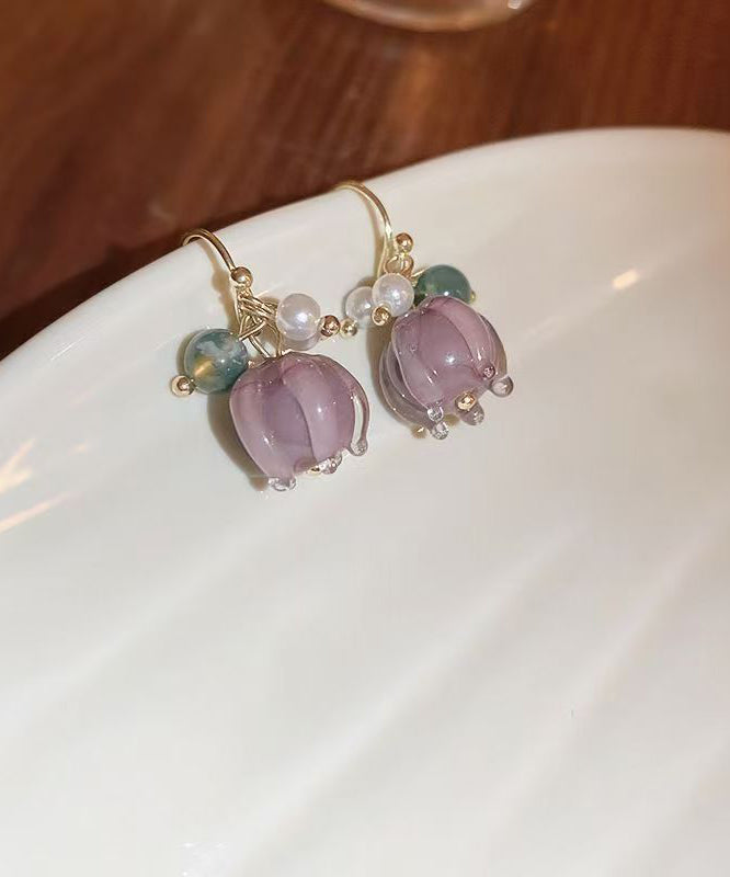 Cute Purple Alloy Pearl Colored Glaze Floral Drop Earrings - Omychic