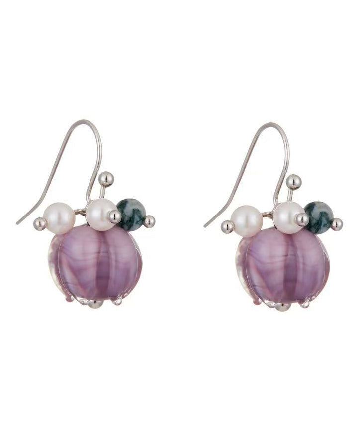 Cute Purple Alloy Pearl Colored Glaze Floral Drop Earrings - Omychic