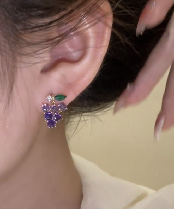 Cute Purple Alloy Zircon Grapes Stud Earrings
