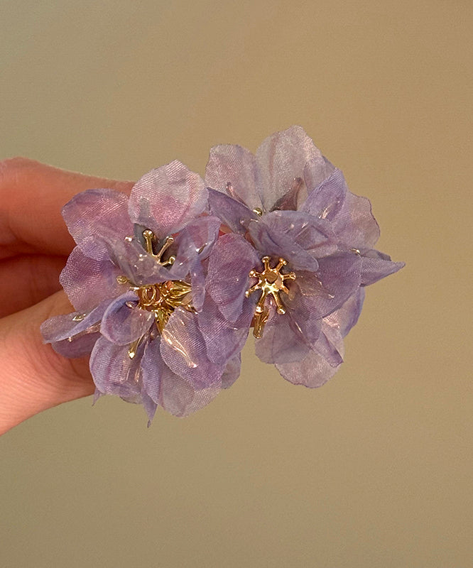 Cute Purple Copper Alloy Tulle Floral Stud Earrings