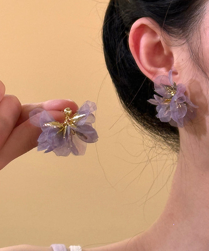 Cute Purple Copper Alloy Tulle Floral Stud Earrings