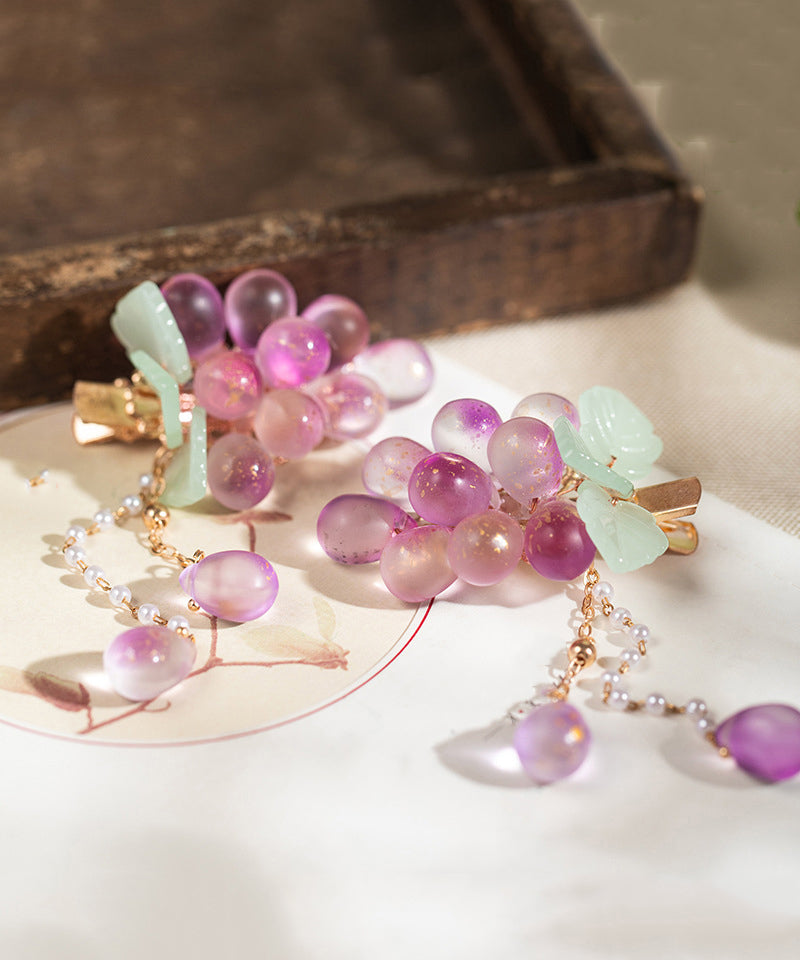 Cute Purple Copper Overgild Jade Grape Tassel A Pair Hairpin