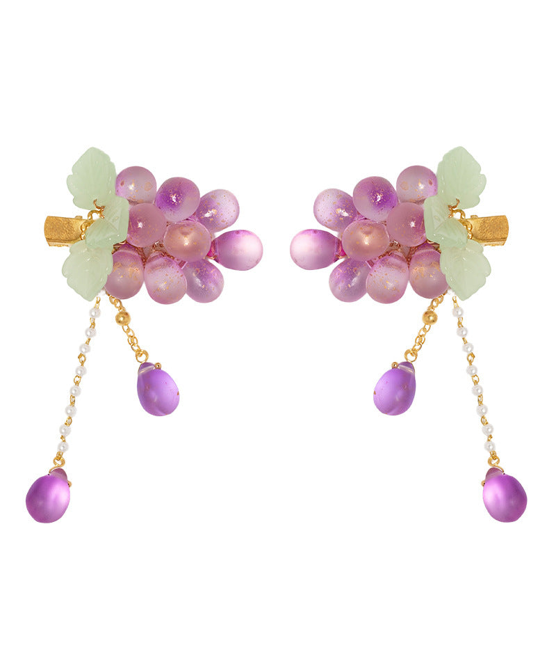 Cute Purple Copper Overgild Jade Grape Tassel A Pair Hairpin