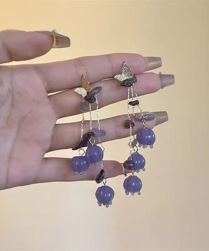 Cute Purple Copper Overgild Lily Of The Valley Butterfly Tassel Drop Earrings