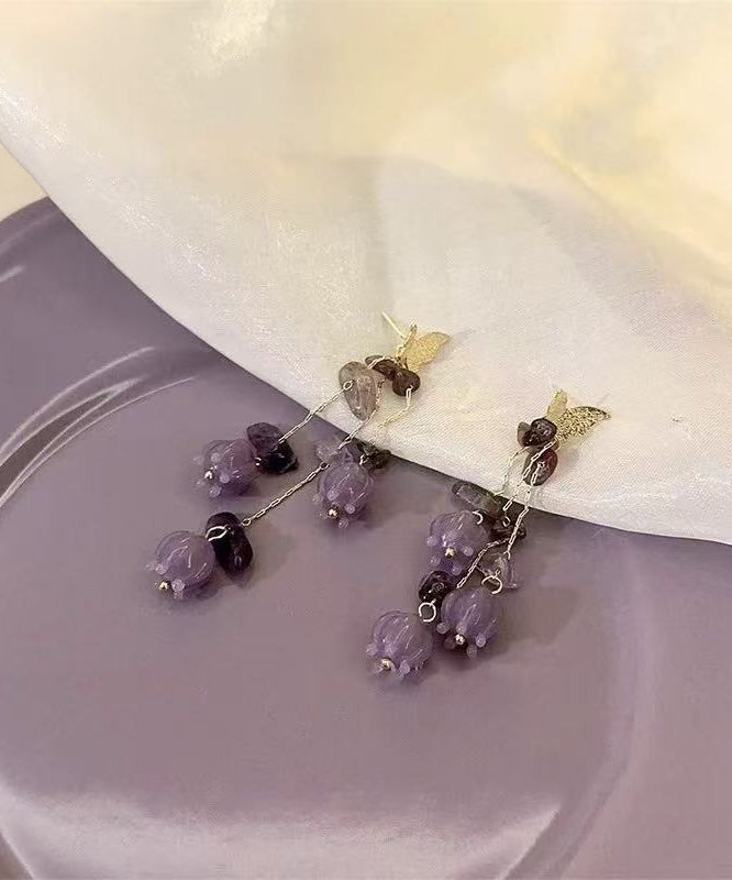 Cute Purple Copper Overgild Lily Of The Valley Butterfly Tassel Drop Earrings