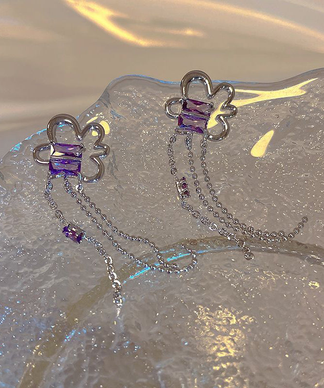 Cute Purple Sterling Silver Floral Tassel Drop Earrings