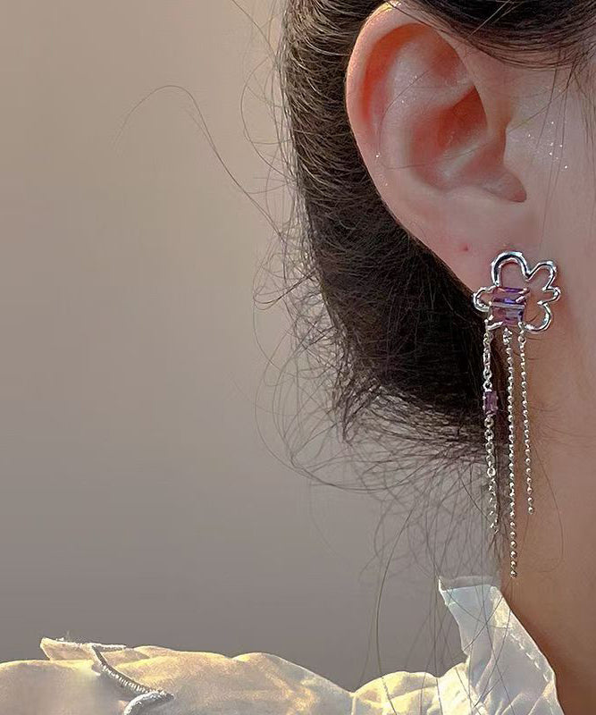 Cute Purple Sterling Silver Floral Tassel Drop Earrings