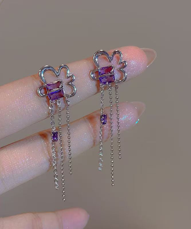 Cute Purple Sterling Silver Floral Tassel Drop Earrings