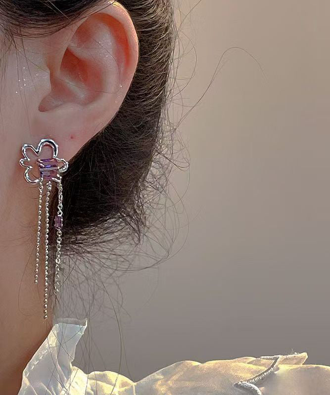 Cute Purple Sterling Silver Floral Tassel Drop Earrings