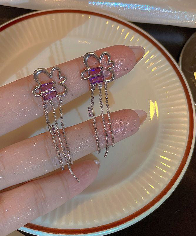 Cute Purple Sterling Silver Floral Tassel Drop Earrings