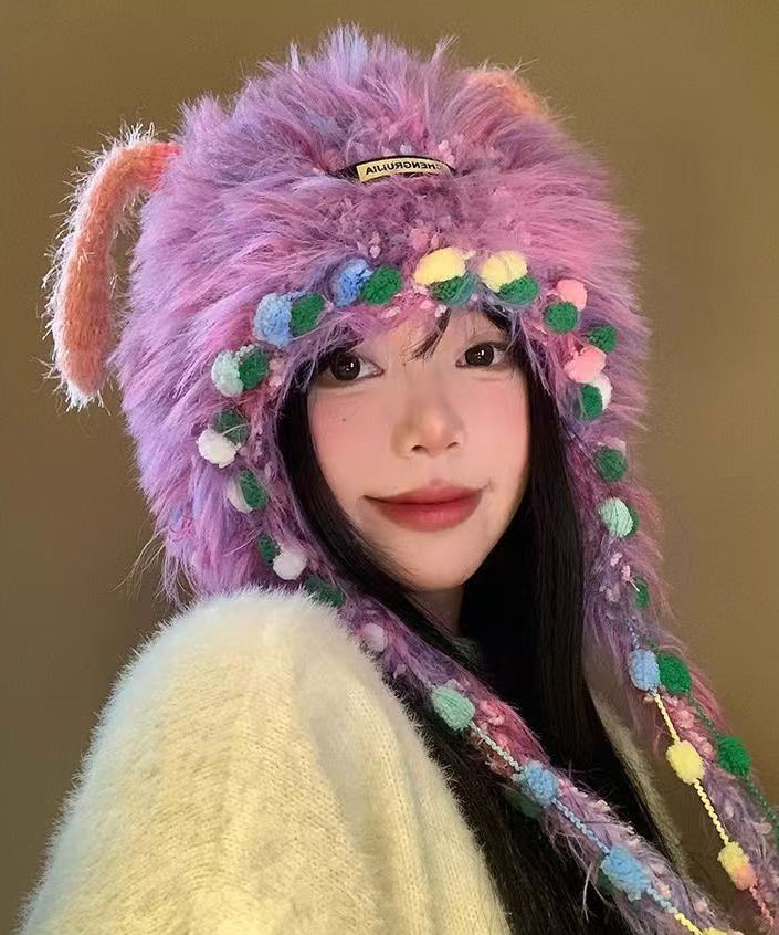 Cute Purple Thick Warm Fuzzy Fur Knit Bonnie Hat