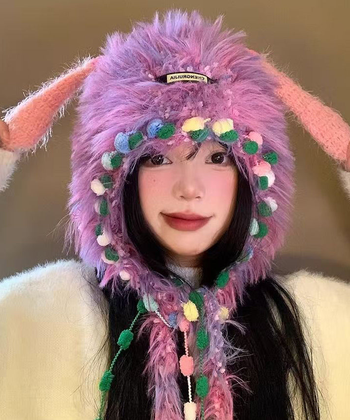 Cute Purple Thick Warm Fuzzy Fur Knit Bonnie Hat