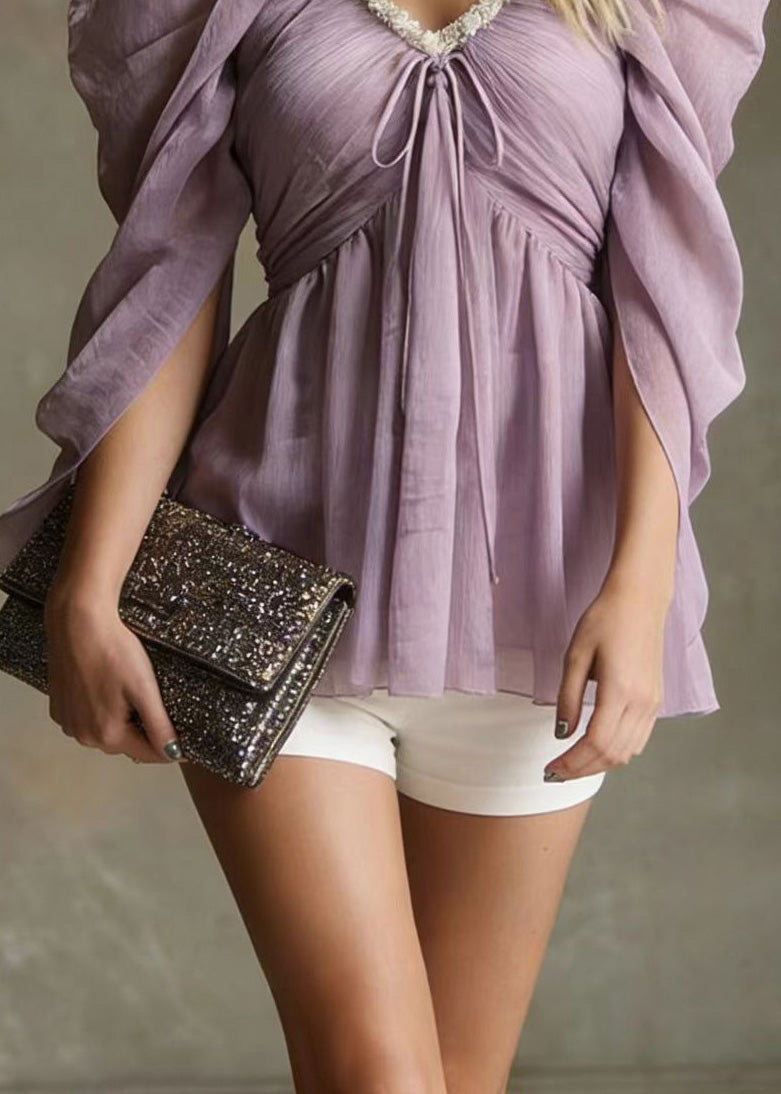Cute Purple V Neck Cold Shoulder Chiffon Tops Summer