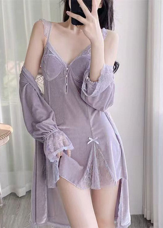 Cute Purple V Neck Patchwork Silk Velour Blended Cardigans And Slips Lingerie Sets