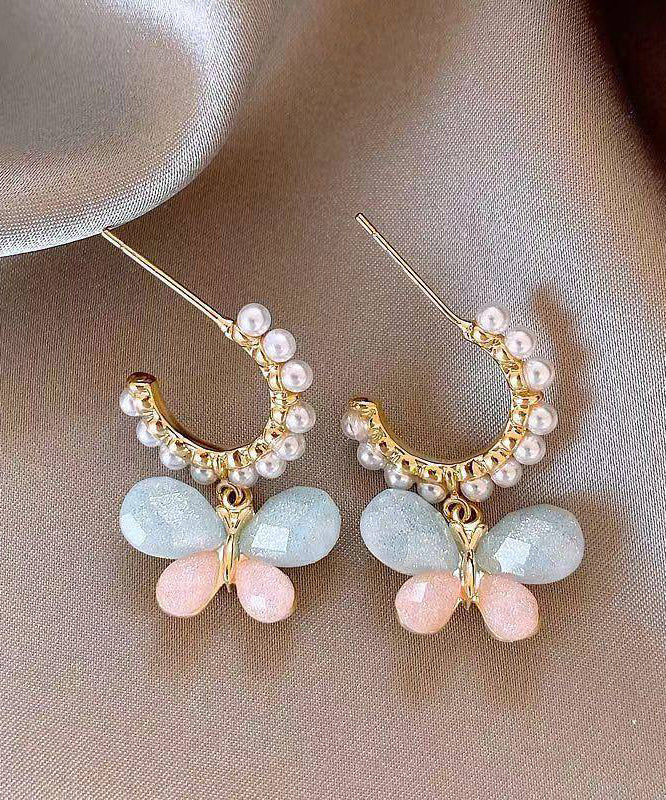 Cute Rainbow Alloy Pearl Butterfly Hoop Earrings