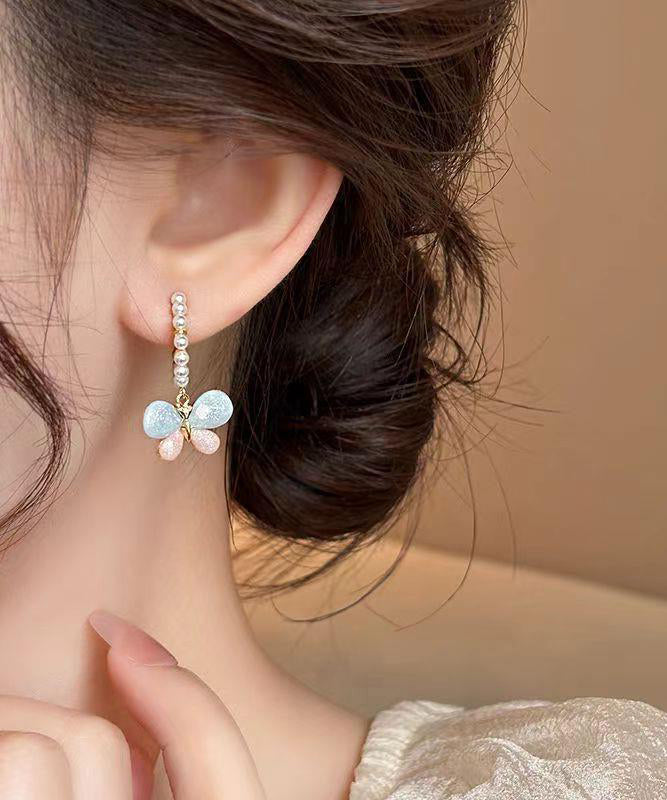 Cute Rainbow Alloy Pearl Butterfly Hoop Earrings