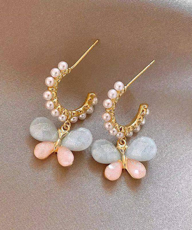 Cute Rainbow Alloy Pearl Butterfly Hoop Earrings