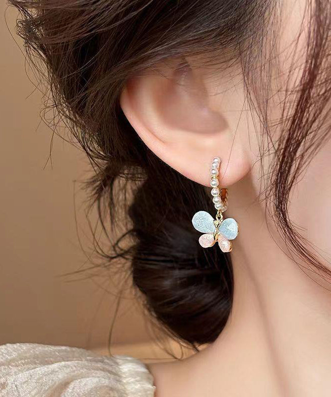 Cute Rainbow Alloy Pearl Butterfly Hoop Earrings