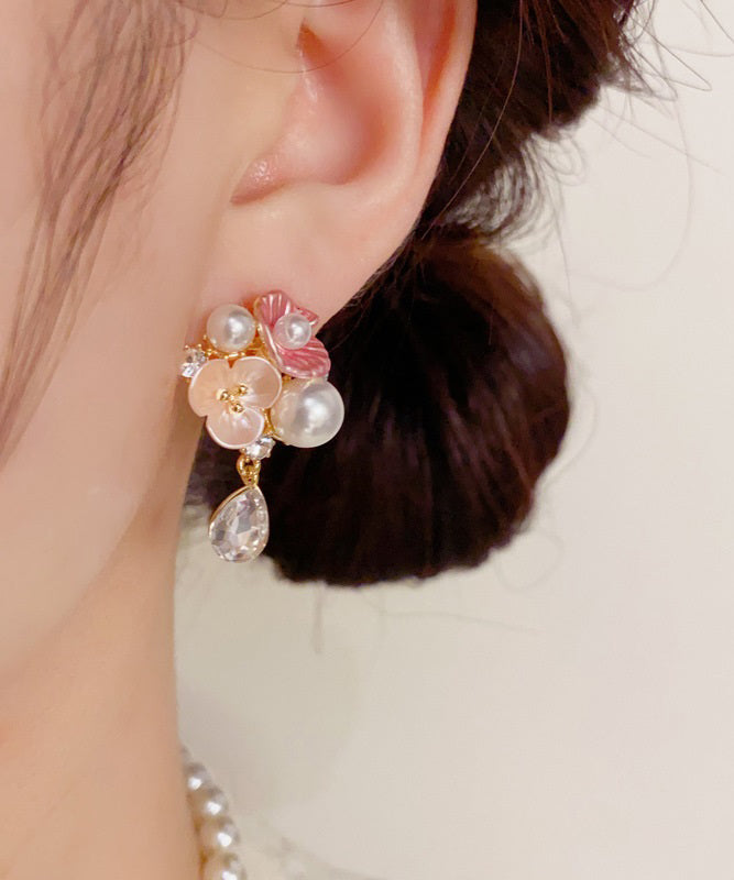 Cute Rainbow Copper Overgild Zircon Pearl Floral Water Droplet Drop Earrings