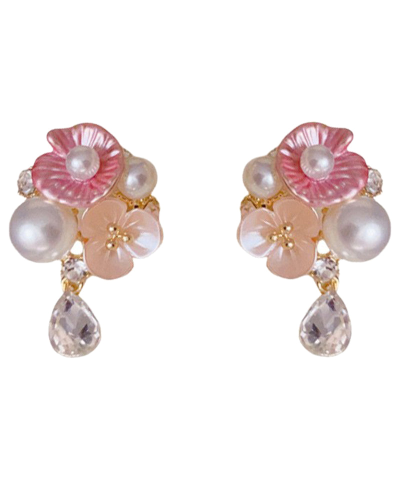 Cute Rainbow Copper Overgild Zircon Pearl Floral Water Droplet Drop Earrings