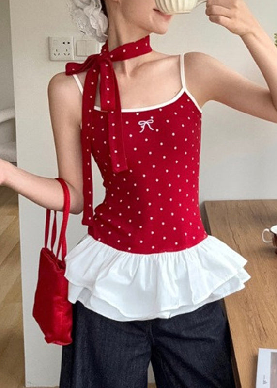 Cute Red Dot Ruffled Patchwork Wrinkled Tank Summer