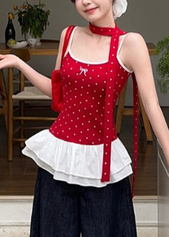 Cute Red Dot Ruffled Patchwork Wrinkled Tank Summer