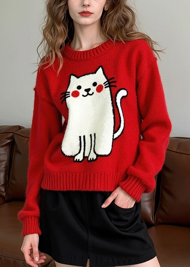 Cute Red Embroidered Cat Knit Pullover Winter