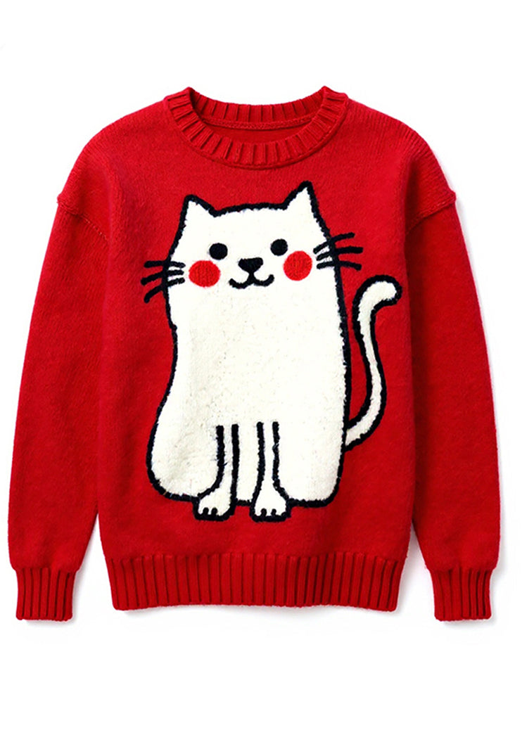 Cute Red Embroidered Cat Knit Pullover Winter